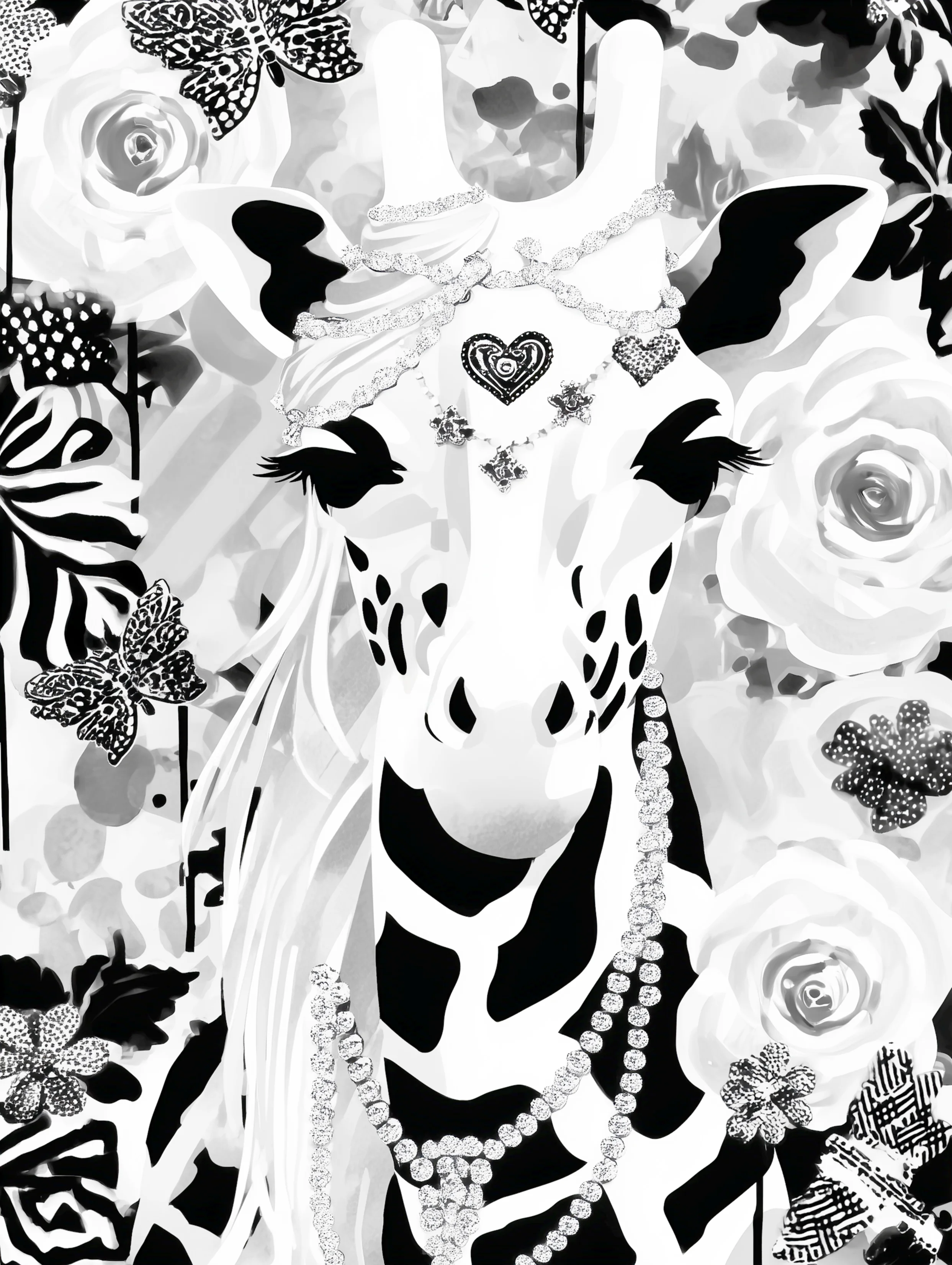 Free printable giraffe coloring page featuring giraffe wearing jewelry